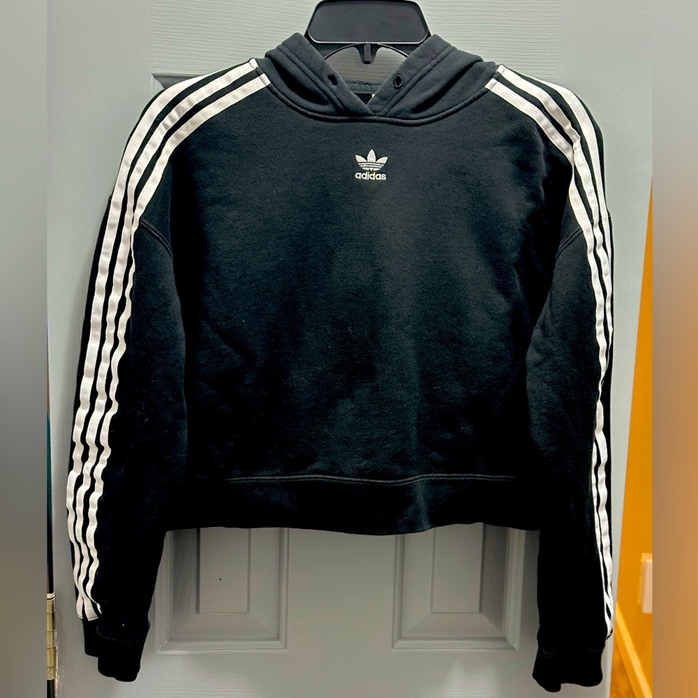ADIDAS Originals Cropped Hoodie Sweatshirt Cotton Long Sleeve Women Small Black